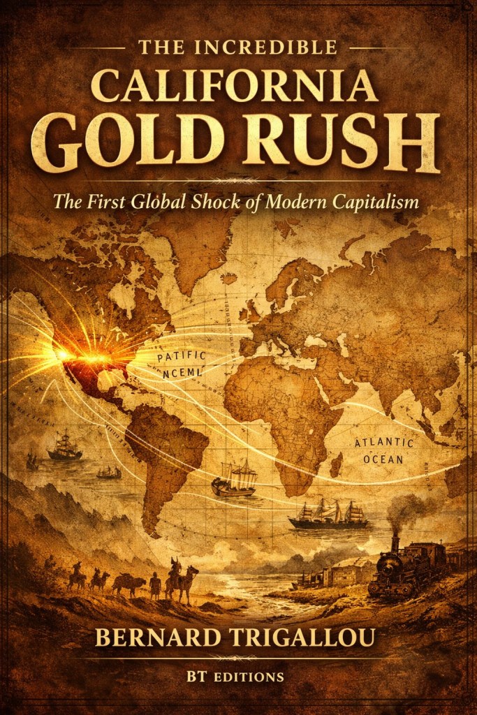 La couverture d'un livre intitulé "The Incredible California Gold Rush" par Bernard Trigallou, illustrant une carte du mon...