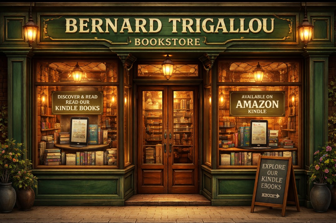 Façade de la librairie Bernard Trigallou, vitrines remplies de livres et panneaux mettant en avant les ebooks Kindle disponibles notamment sur Amazon.