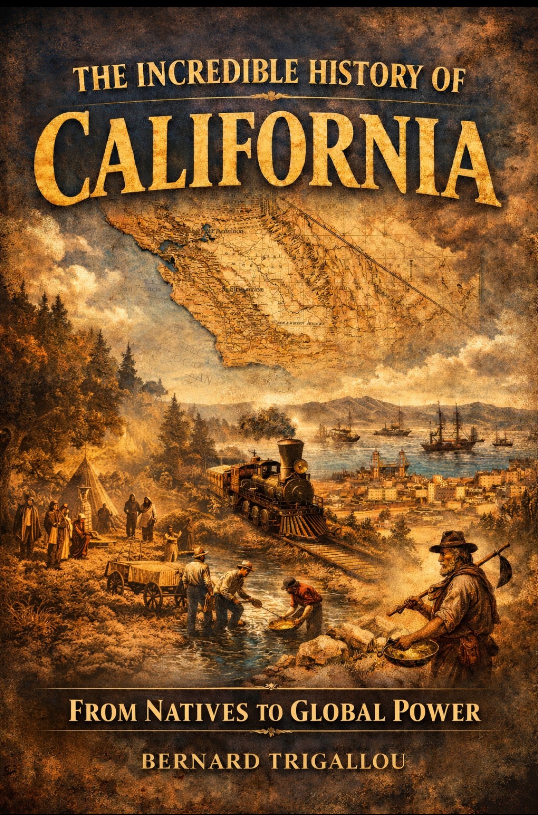 Book cover of "THE INCREDIBLE HISTORY OF CALIFORNIA: From Natives to Global Power" by Bernard Trigallou, featuring a vintage map of California above historical scenes of Native peoples, gold miners, a steam train, sailing ships, and the growing city of San Francisco.