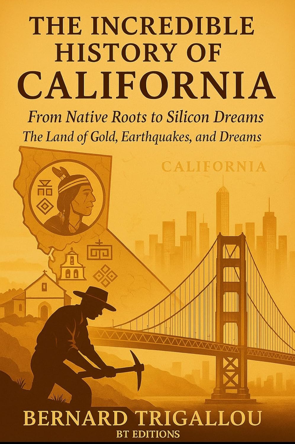 Book cover of "THE INCREDIBLE HISTORY OF CALIFORNIA: From Natives to Global Power" by Bernard Trigallou, featuring a vintage map of California above historical scenes of Native peoples, gold miners, a steam train, sailing ships, and the growing city of San Francisco.