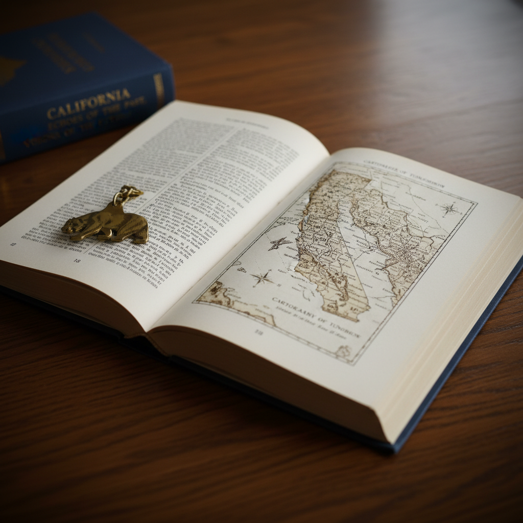 A detailed close-up of an open hardcover book titled about California’s past and future, its creamy pages filled with crisp black text and a faintly yellowed map of the state. The book rests on a dark, polished oak table alongside a brass bookmark shaped like the California bear flag. Soft, diffused overcast light from an unseen window washes over the scene, revealing the delicate texture of the paper fibers and the metallic sheen of the bookmark. Photographic realism with a calm, contemplative atmosphere, framed in a centered composition with a gentle vignette that draws the eye into the heart of the book.
