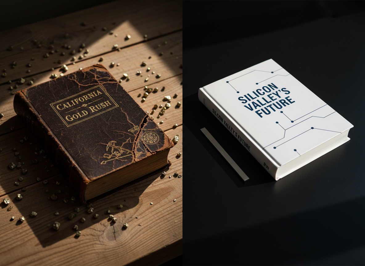 A split-visual composition showing California’s evolution: on the left, a weathered leather-bound volume about the Gold Rush, its cracked spine and faded lettering resting on rough-hewn pine planks scattered with tiny flecks of pyrite; on the right, a pristine white dust-jacketed book on Silicon Valley’s future, placed on a smooth, matte-black desk beside a minimalist metal bookmark. A diagonal shaft of warm golden-hour light crosses from left to right, tying the eras together, with deeper shadows on the historical side and brighter reflections on the futuristic side. Photographic realism with a professional, editorial feel, shot from a slightly elevated angle to emphasize contrast and continuity.