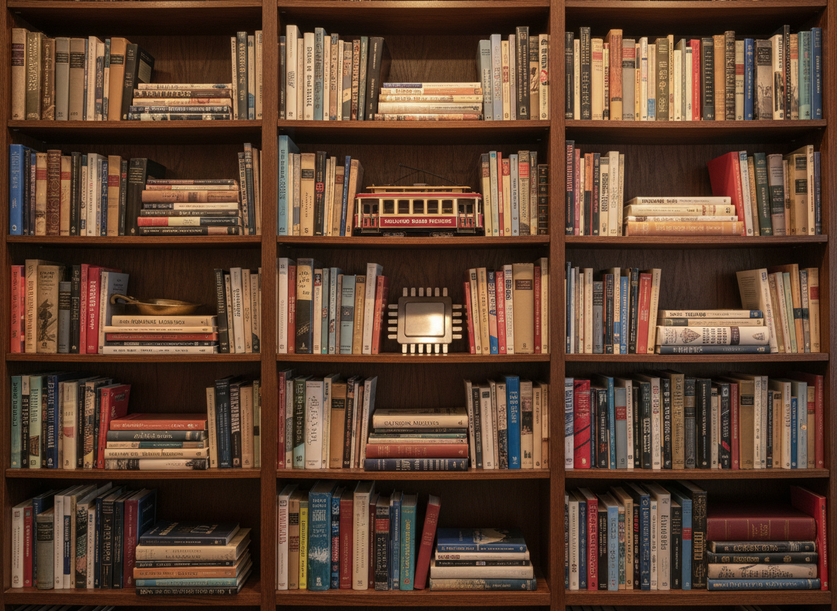 A carefully curated bookshelf dedicated to California history, filling the frame from edge to edge. Cloth, leather, and modern paperbacks stand in orderly rows, their spines showing titles about the Gold Rush, railroads, Hollywood, and technology revolutions. Interspersed between the books are small, inanimate symbols: a miniature gold pan, a tiny model cable car, and a stylized steel sculpture resembling a microchip. Soft, indirect library-style lighting from above creates even illumination and gentle shadows between volumes. Photographic realism with sharp focus throughout, captured straight-on for a clean, professional look that conveys depth, expertise, and a sense of curated authority.